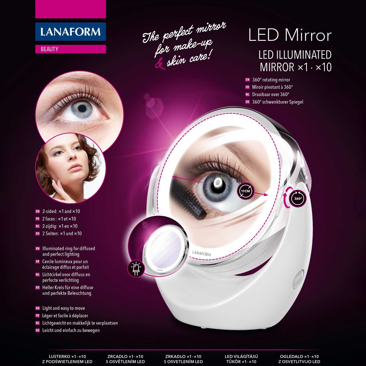 Lanaform LED Mirror – Sminkspegel med LED-ljus och magnetisk 10x förstoring – bild 5